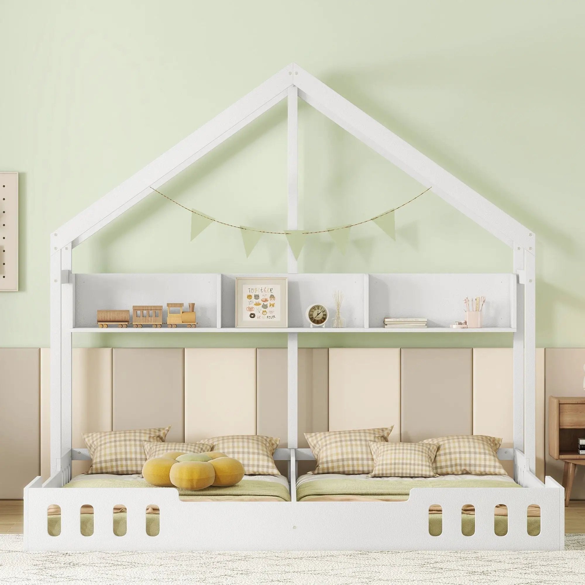 Twin Size Platform Bed With Shared Design, Guardrails, And Built In Shelves - Creamy White by Unique Piece Furniture