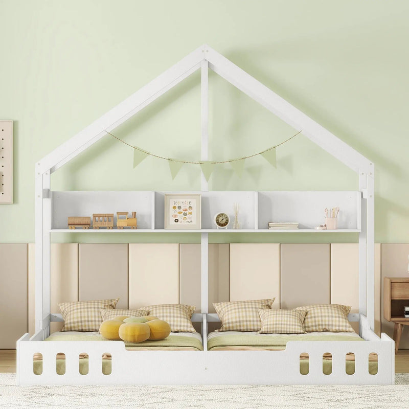 Twin Size Platform Bed With Shared Design, Guardrails, And Built In Shelves - Creamy White by HouseOfZazla