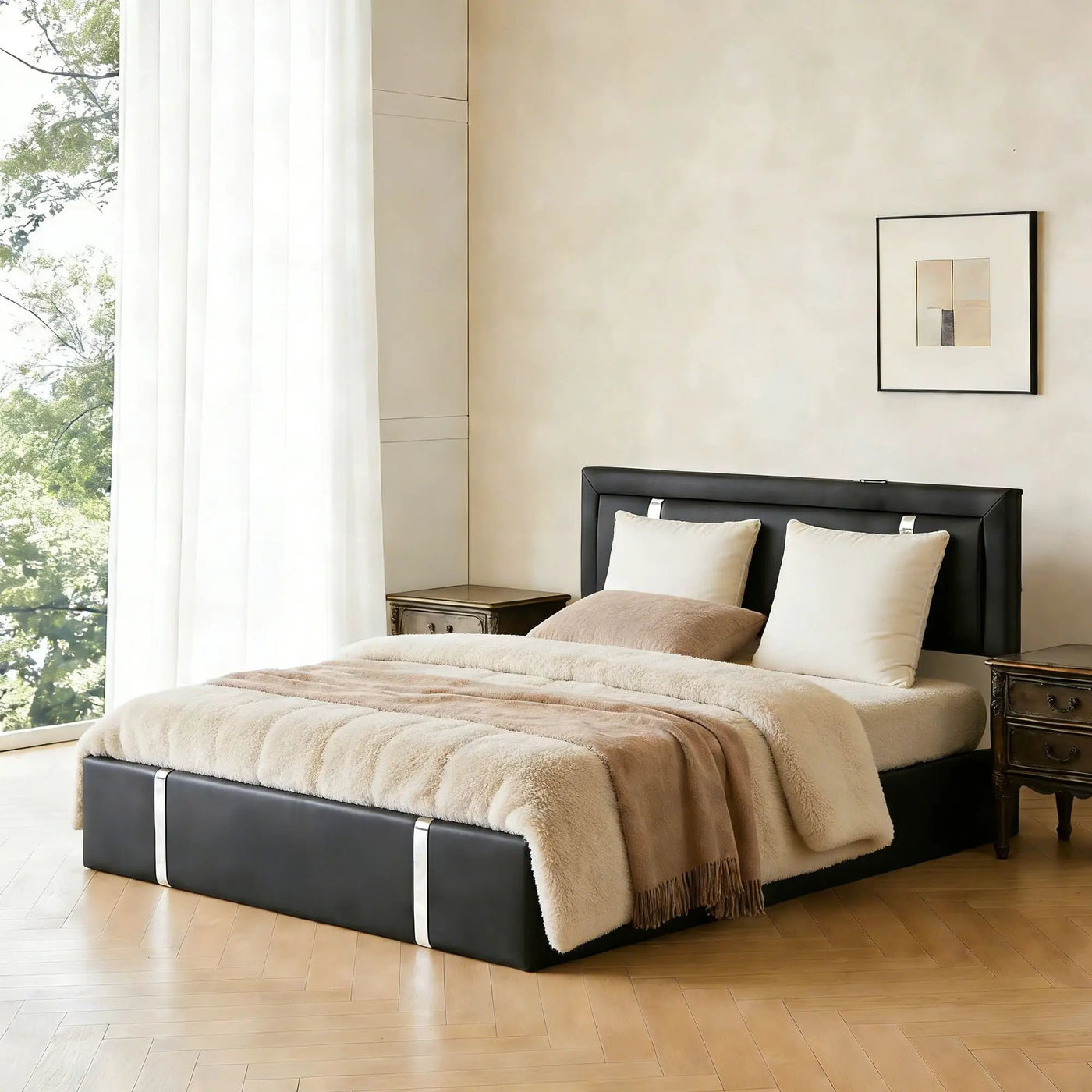 Upholstered Platform Bed Frame With Adjustable LED Headboard, USB C-Charging, Hydraulic Lift by HouseOfZazla