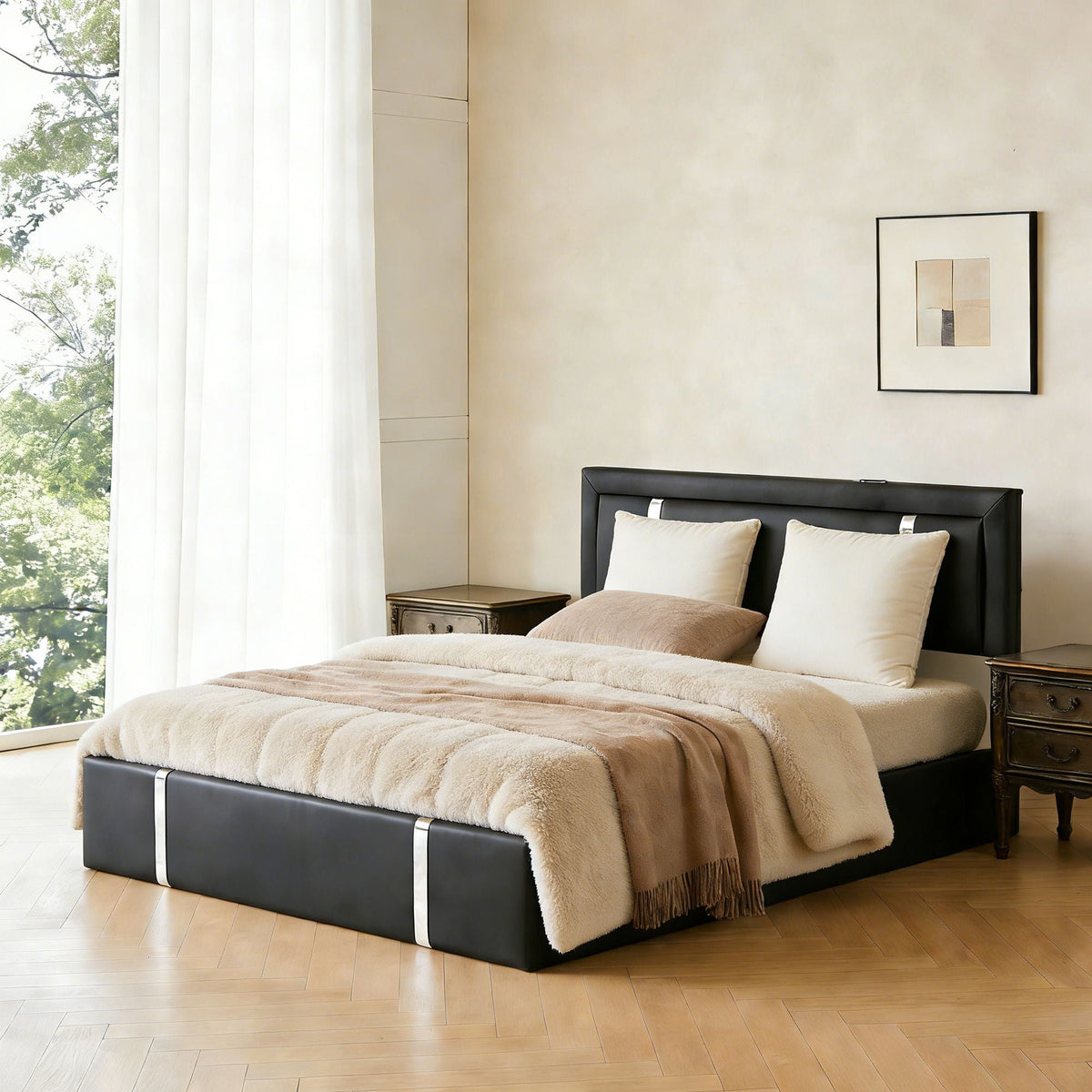 Upholstered Platform Bed Frame with Adjustable LED Headboard and Storage - Black or White, photo 19 of 28