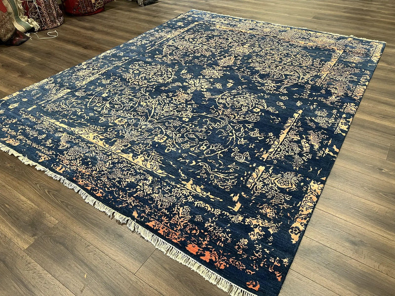 Area Rug 8x10 High Quality Handmade Oriental Carpet, Modern Contemporary Rug, Rug for Living Room, Wool Rug, Blue and Gold, Pakistani Rug by Jewel Rugs