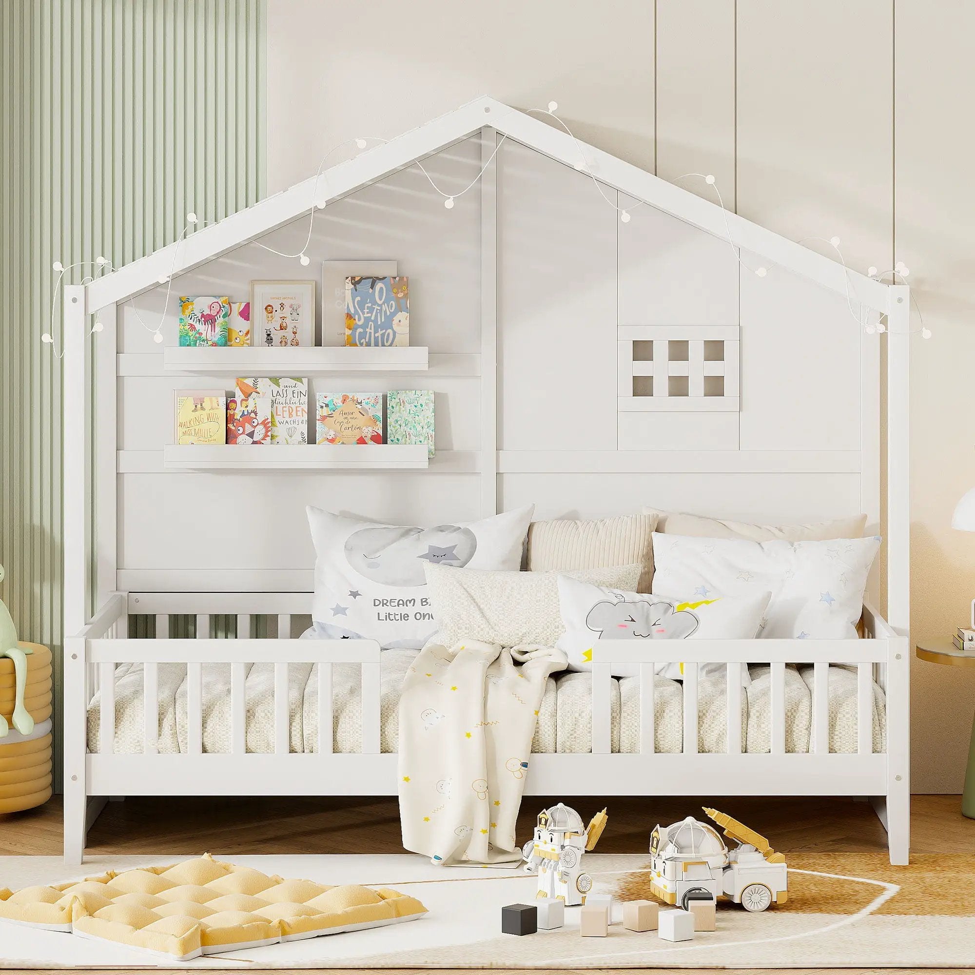 House Bed With Shelves, Window And Sparkling Light Strip On The Roof by HouseOfZazla
