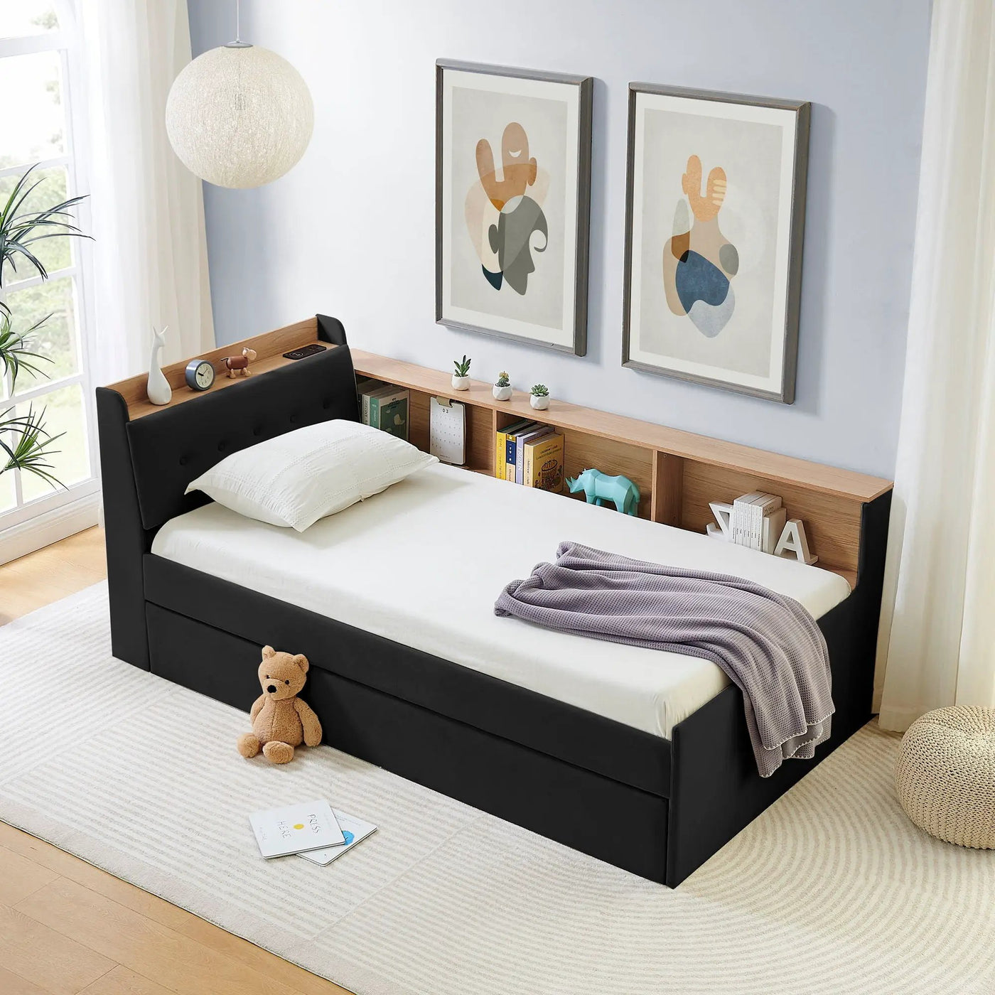 Upholstered Daybed With Storage Headboard, Wireless Charging, LED Lights by HouseOfZazla
