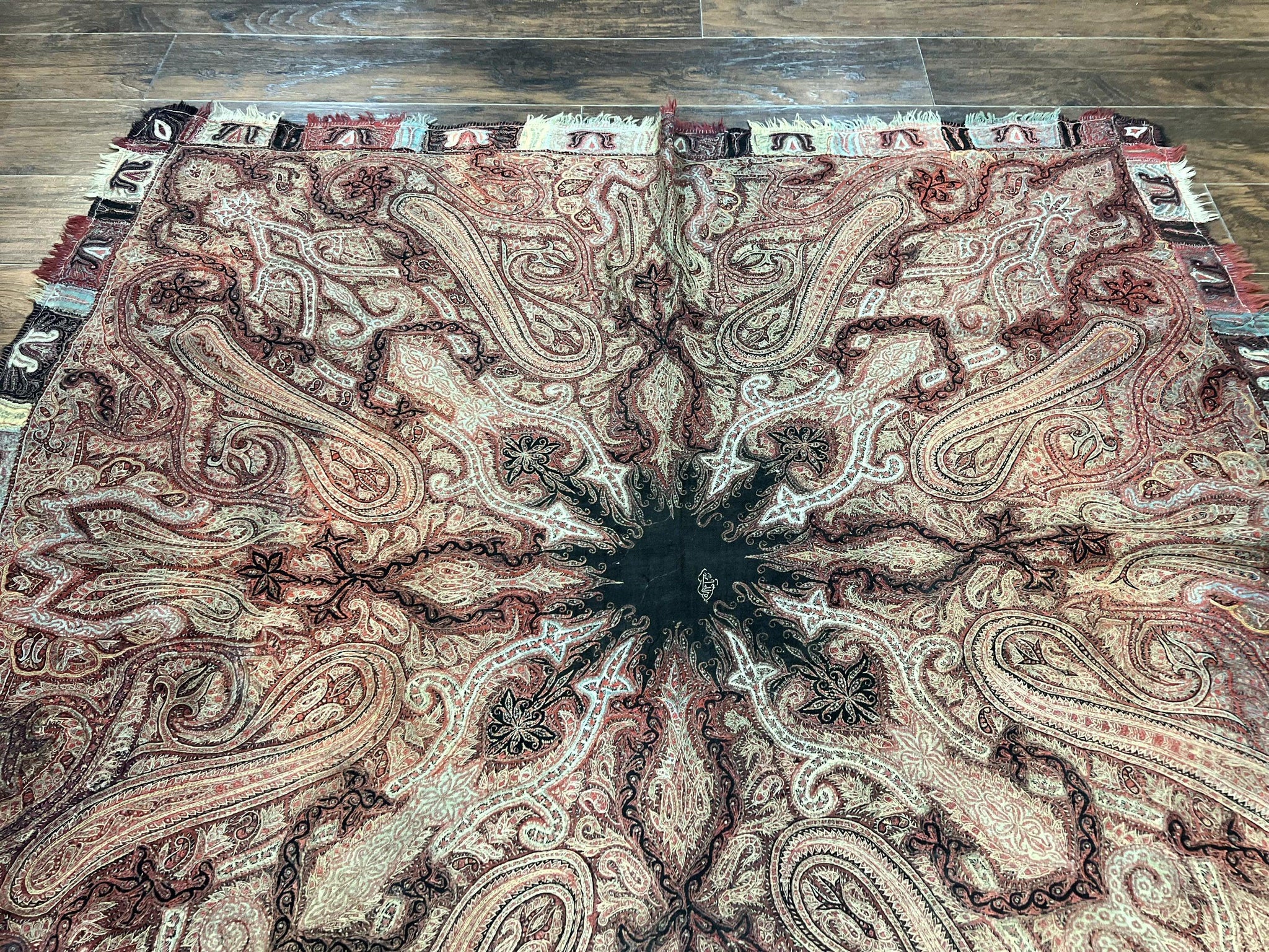 Antique Indian Kashmiri Shawl, Needlework, Signed By Masterweaver, Handmade, Rare by Jewel Rugs