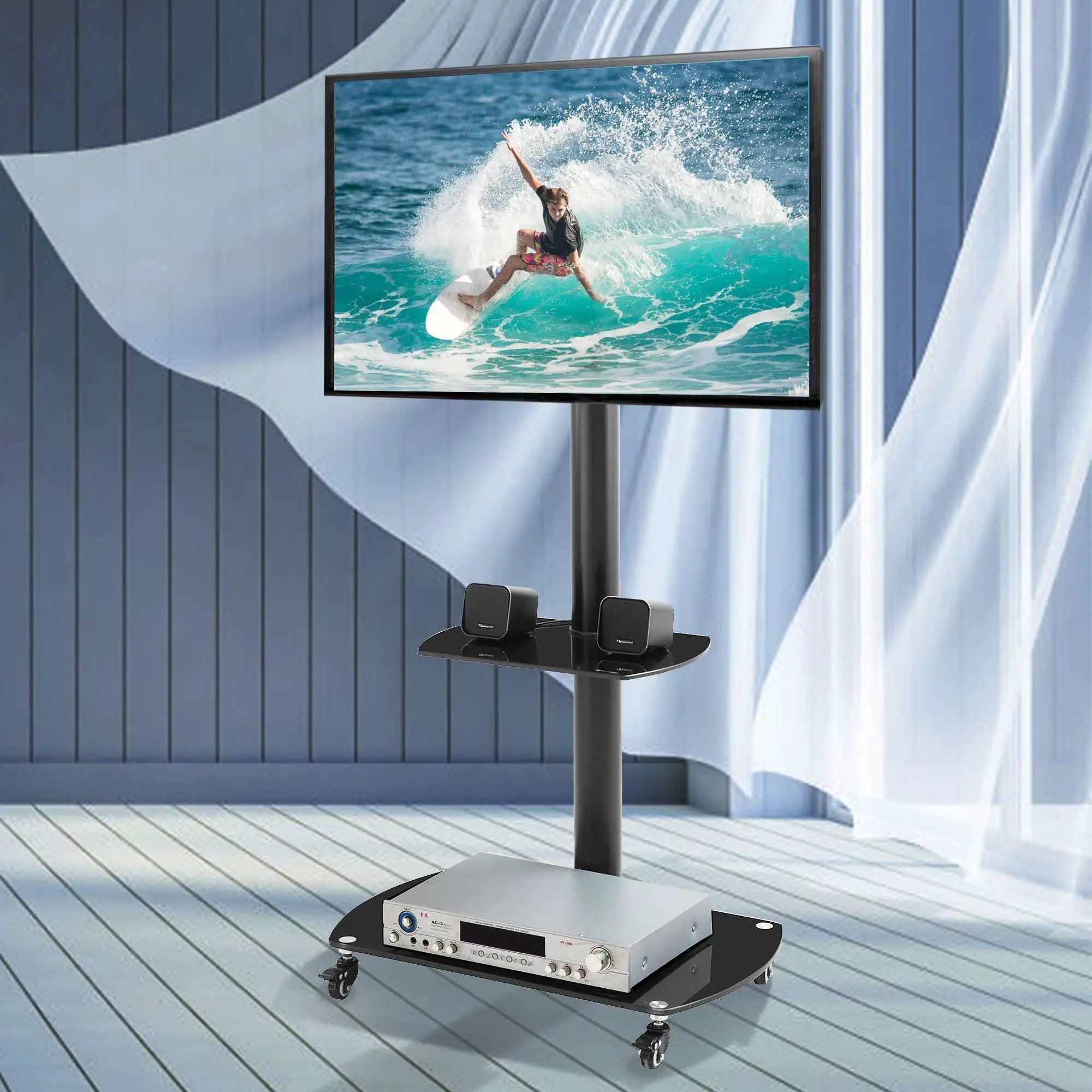 Height And Angle Adjustable Multi-Function Tempered Glass Metal Frame Floor With Lockable Wheels Mobile TV Stand, Lcd / Plasma TV Bracket 2 Tier Tempered Glass Shelves For Multiple Media Devices - Black by HouseOfZazla