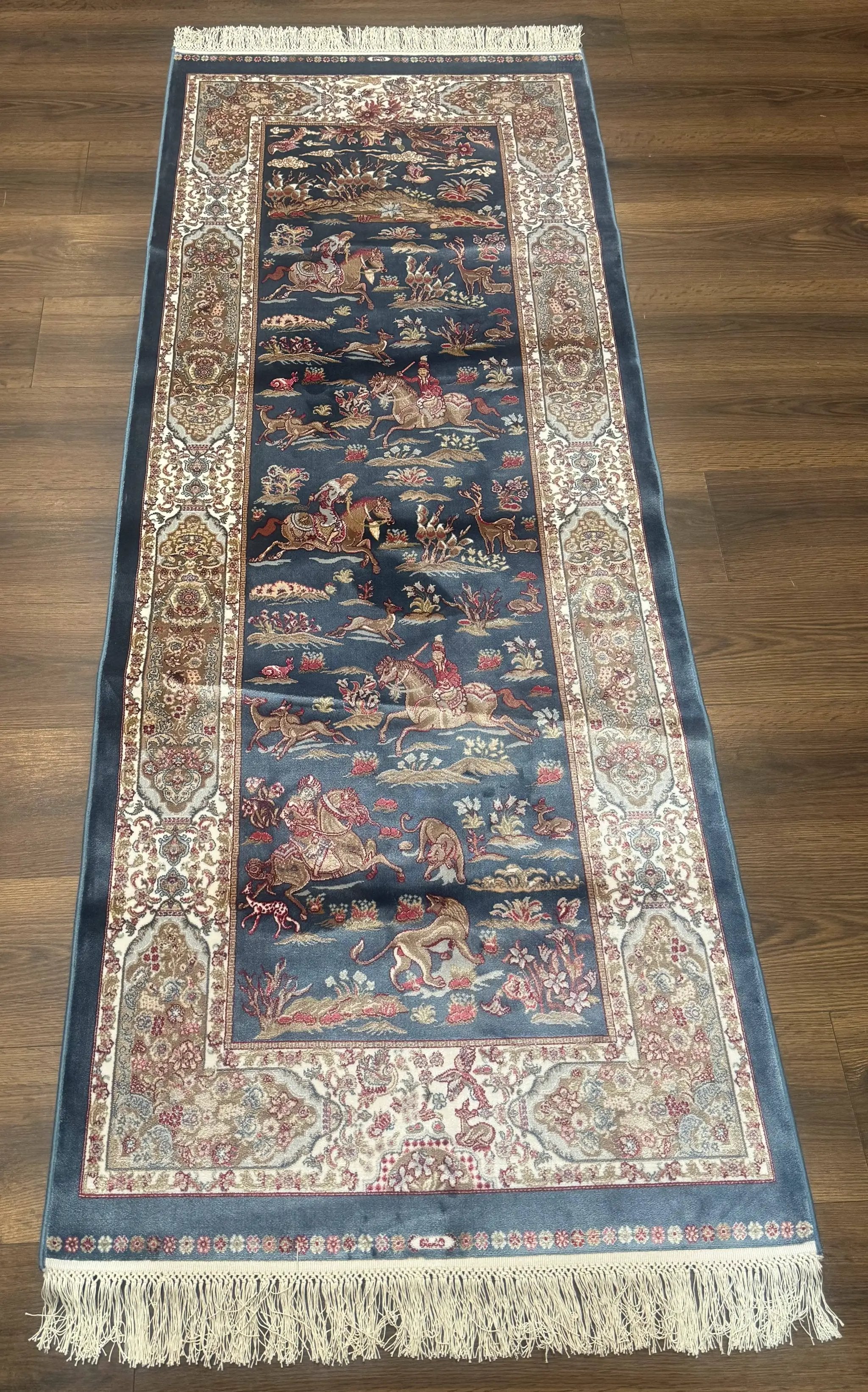 Turkish Silk Rug 2.6 x 6.7, Short Runner Rug, Blue & Ivory, Bamboo Silk, New by Jewel Rugs