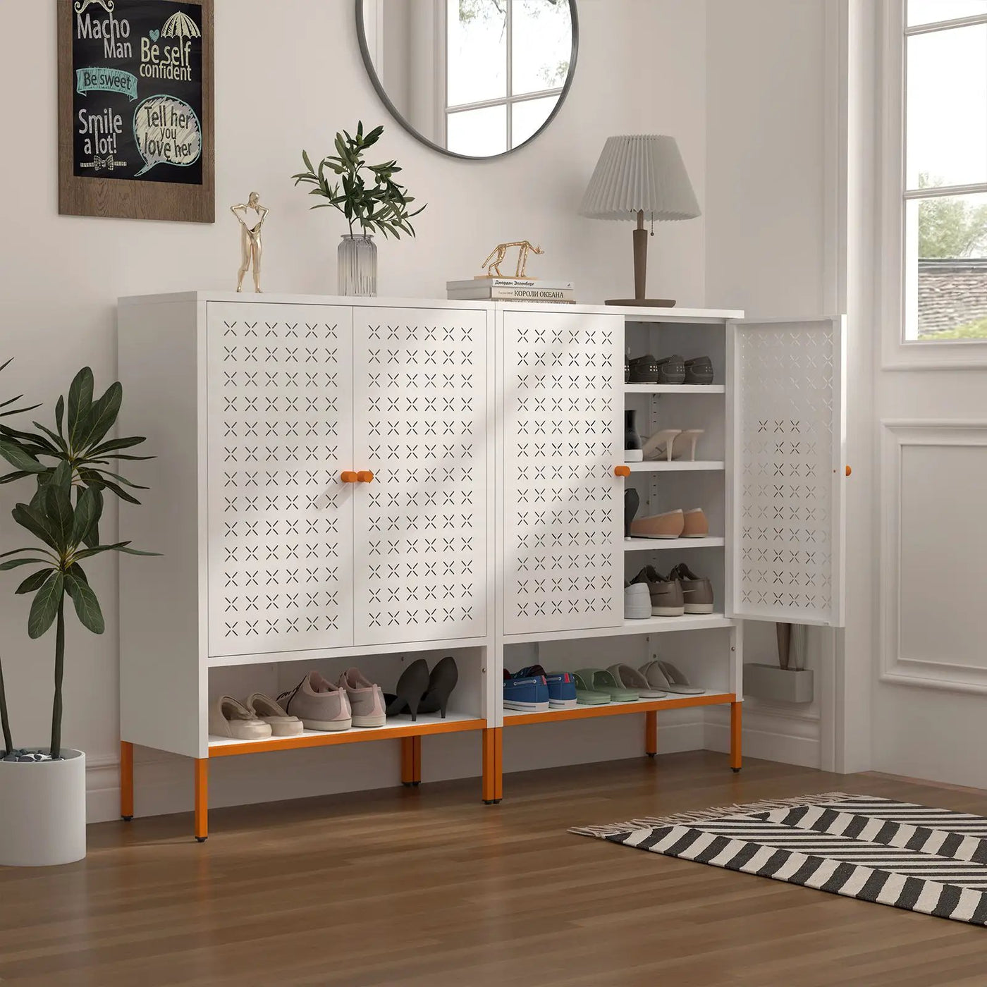 Grid Double Door Shoe Cabinet With Adjustable Compartments and Moisture-Proof Design by HouseOfZazla