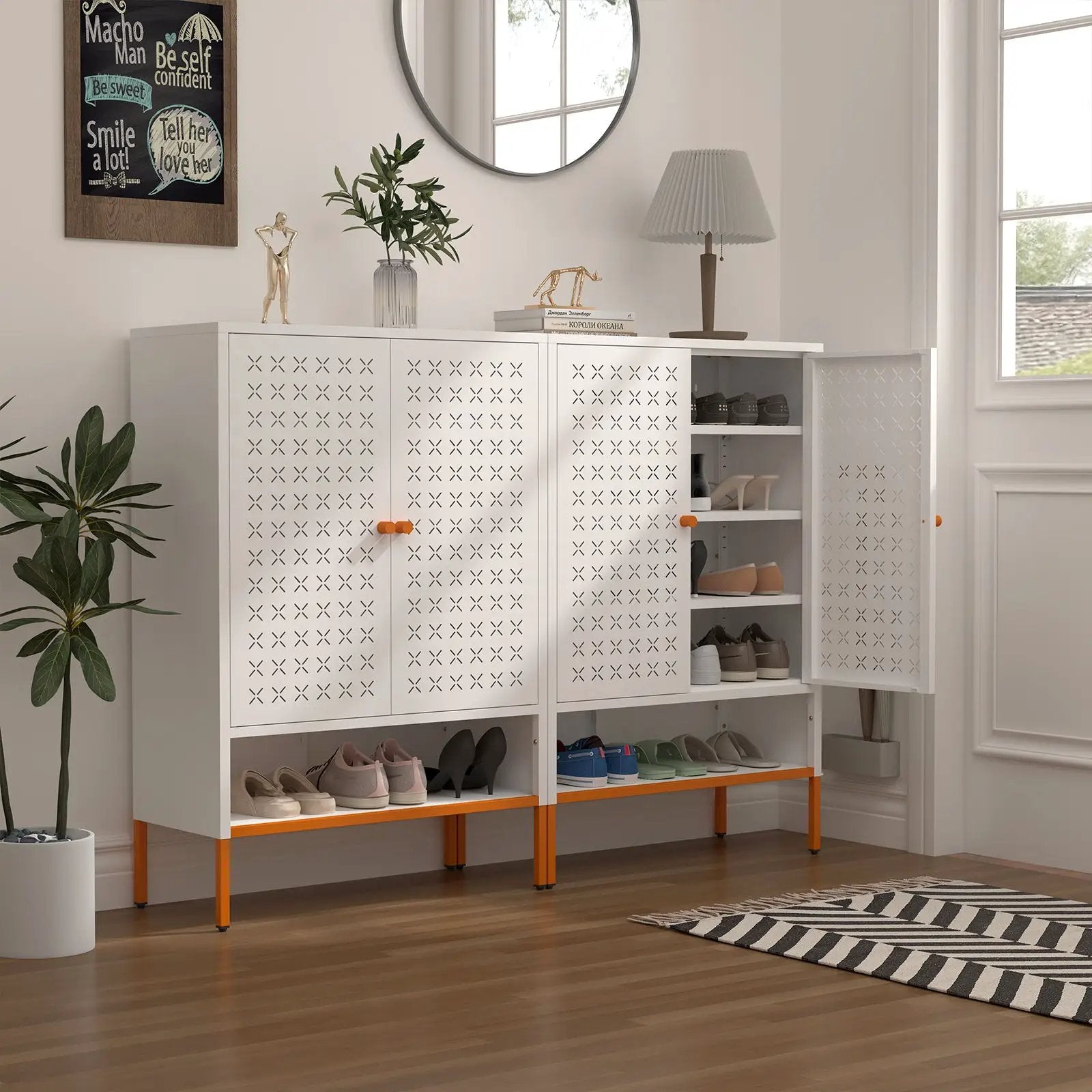 Grid Double Door Shoe Cabinet With Adjustable Compartments And Moisture-Proof Design In Metal by Unique Piece Furniture