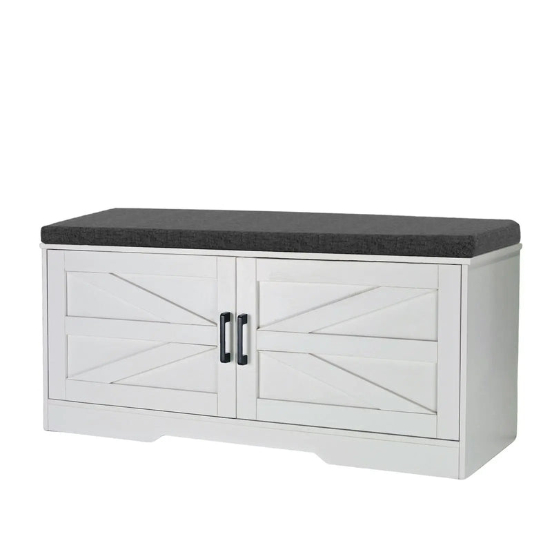 2 Tier Shoe Bench With Padded Seat, 2 Barn Doors And Adjustable Shelves, For Entryway And Living Room - White by HouseOfZazla