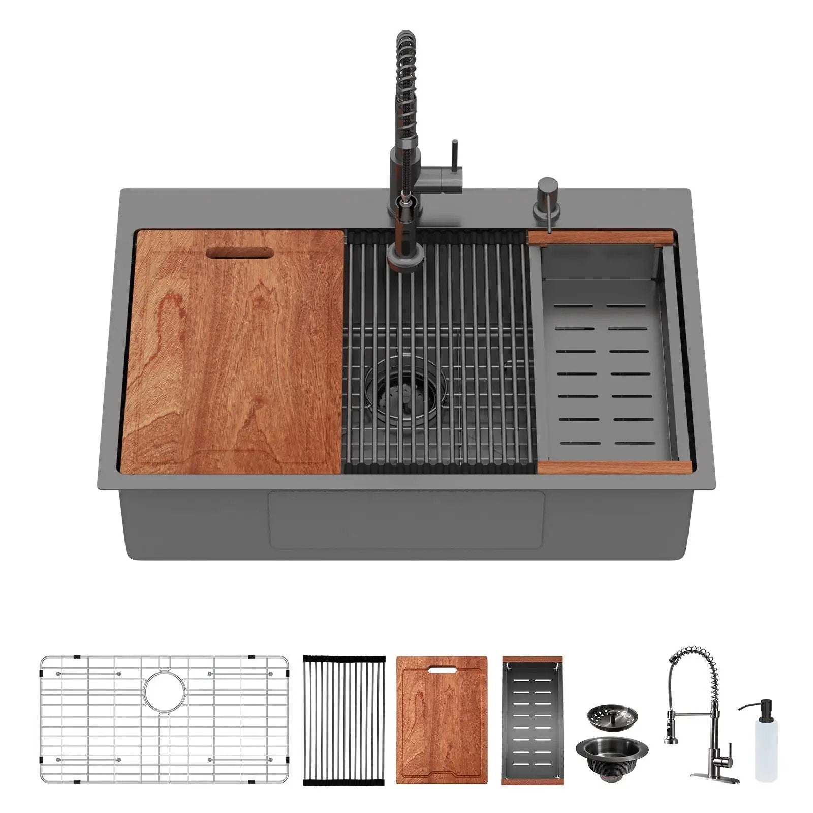 Drop In Workstation Sink Topmount Single Bowl With Pull Out Faucet And Soap Dispenser - Gunmetal Black by HouseOfZazla