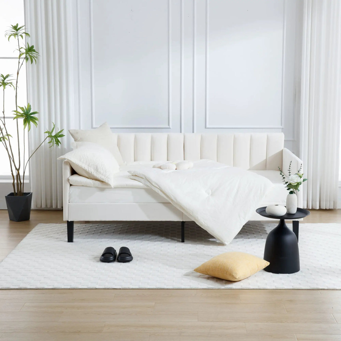 Elena - Boucle Upholstered Daybed, Ribbed Tufted Backrest by HouseOfZazla