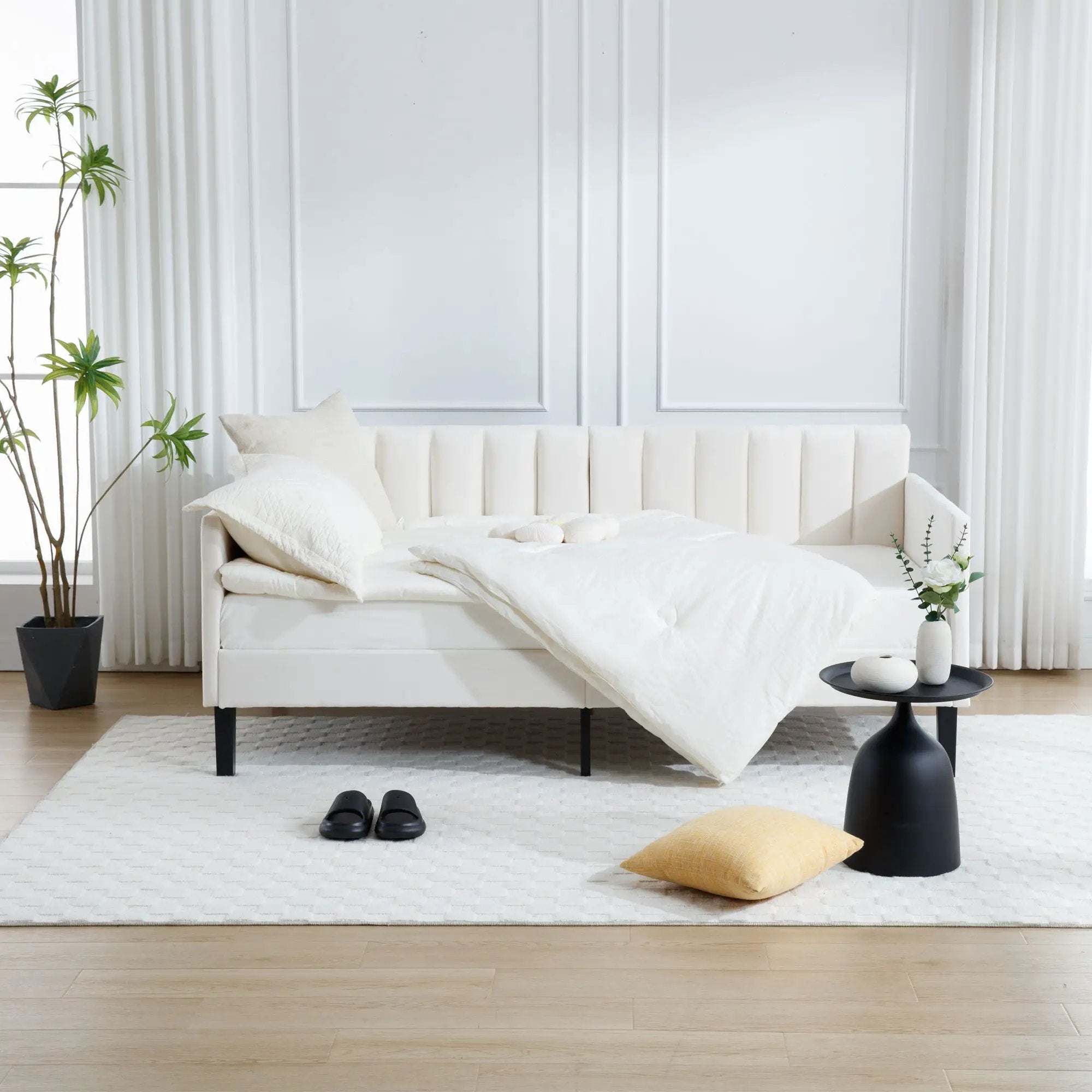 Elena - Boucle Upholstered Daybed, Ribbed Tufted Backrest by HouseOfZazla
