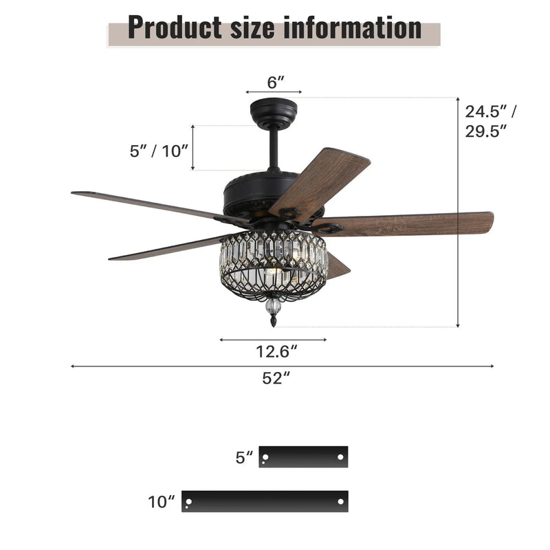 Ceiling Fan With Crystal Lampshade, 5 Blades, DC Motor, 6 Speed Remote Control, 1 / 4 / 8 Hour Timer - Black by Unique Piece Furniture