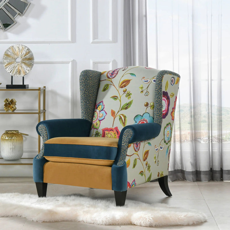 Anya - Boho Chic Wingback Accent Arm Chair - Floral / Leopard / Blue Teal / Yellow Gold by HouseOfZazla