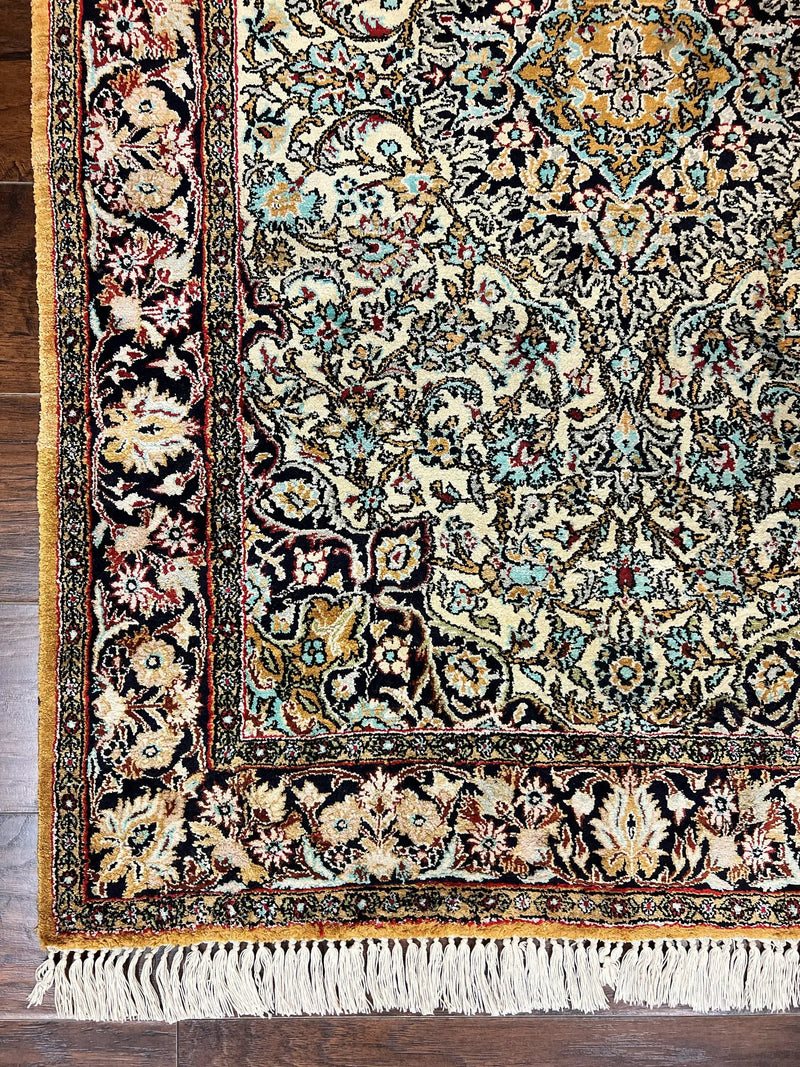 Silk Persian Qum Rug 4x5, Hand Knotted Vintage Carpet, Cream & Navy Blue, Silk Pile on Silk Foundation, Very Fine 360 KPSI by Jewel Rugs
