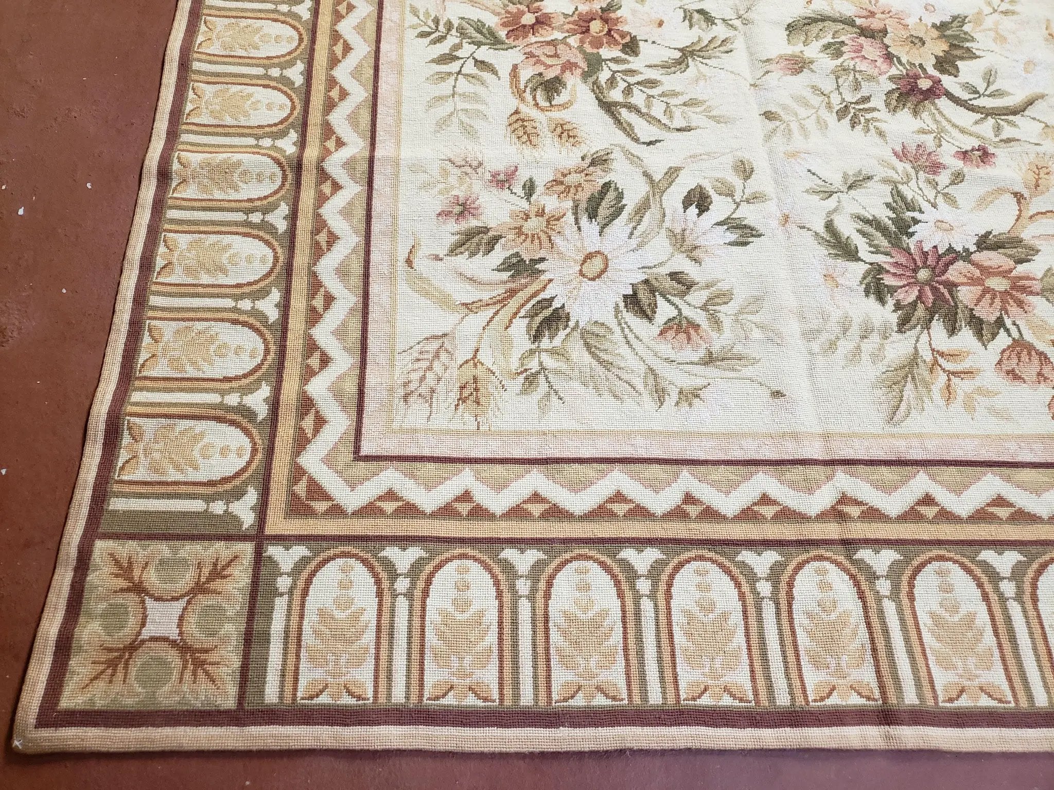 Needlepoint Rug 8x10 Aubusson Rug Victorian Floral Rug Handmade French Style French Decor Garden Panel Beige 8 x 10 Area Rug 100% Wool by Jewel Rugs