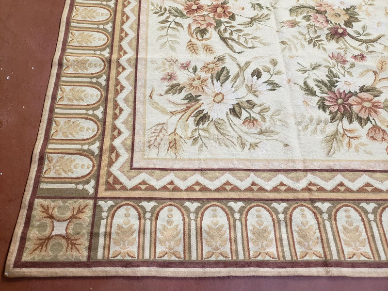 Needlepoint Rug 8x10 Aubusson Rug Victorian Floral Rug Handmade French Style French Decor Garden Panel Beige 8 x 10 Area Rug 100% Wool by Jewel Rugs