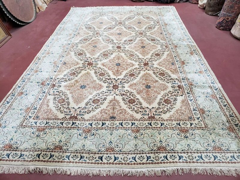 Fine Antique Persian Light Colored Kashan Carpet, 7x12, Top Quality, Rare, Ivory & Blues, Hand-Knotted, Wool by Jewel Rugs