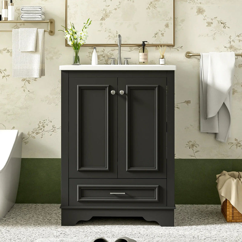 Bathroom Vanity With Ceramic Sink Combo, Modern Freestanding Storage Cabinet With Silver Handles by HouseOfZazla