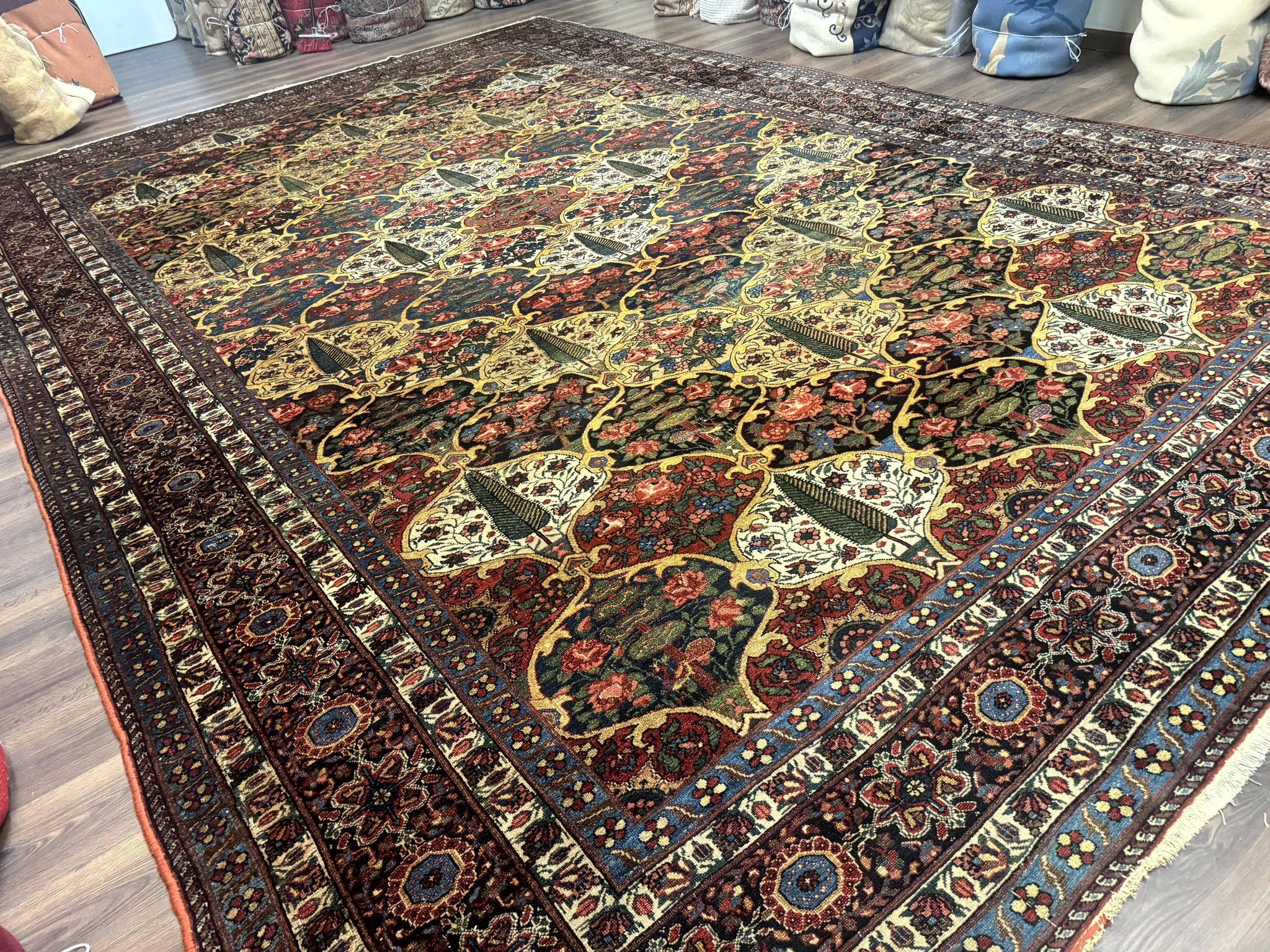 Antique Persian Bakhtiari Rug 12x19, Palace Size Wool Handmade Persian Carpet, Oversized Rug, Panel Design, Peacocks, Multicolor, Rare by Jewel Rugs