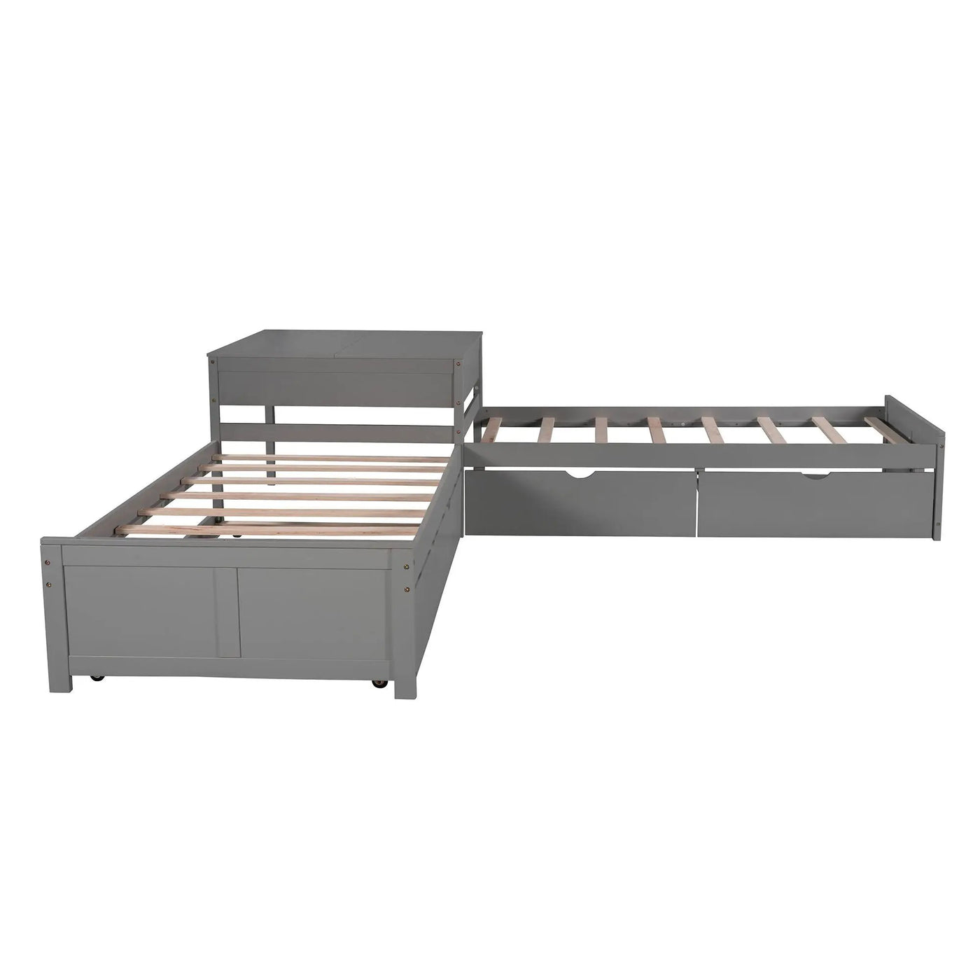 L Shaped Platform Bed With Trundle And Drawers Linked With Built In Desk by HouseOfZazla