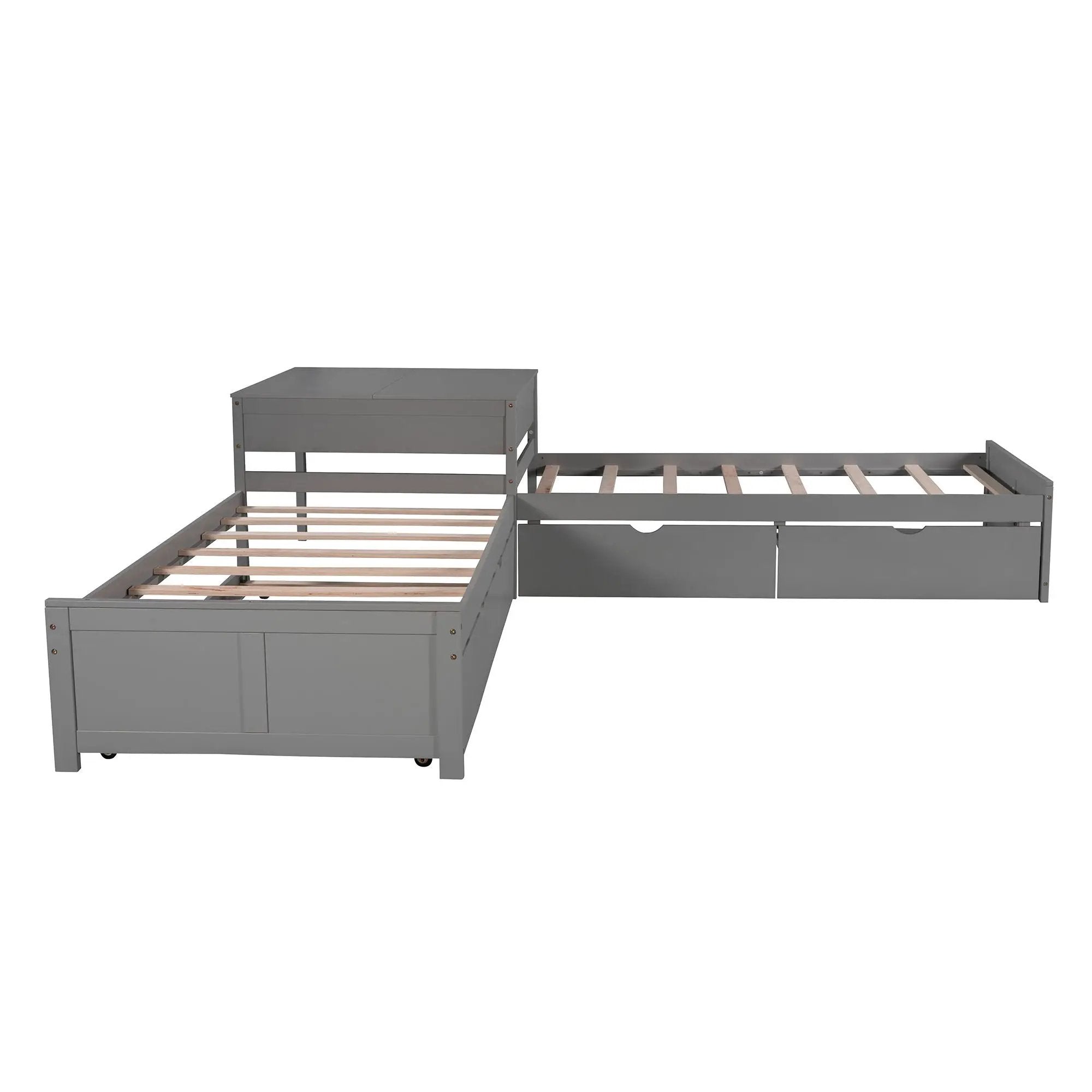 L Shaped Platform Bed With Trundle And Drawers Linked With Built In Desk by HouseOfZazla