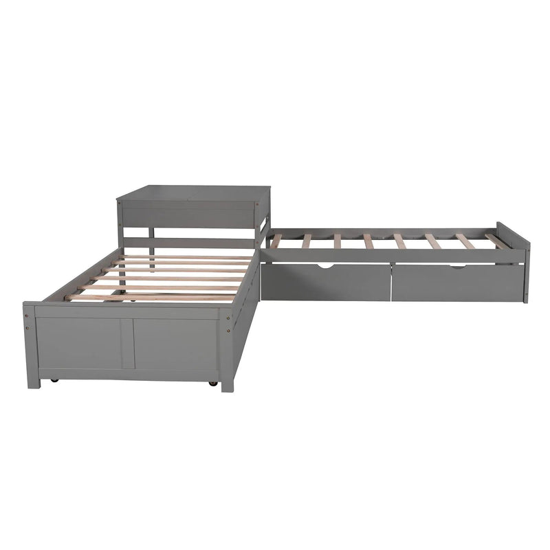 L Shaped Platform Bed With Trundle And Drawers Linked With Built In Desk by HouseOfZazla