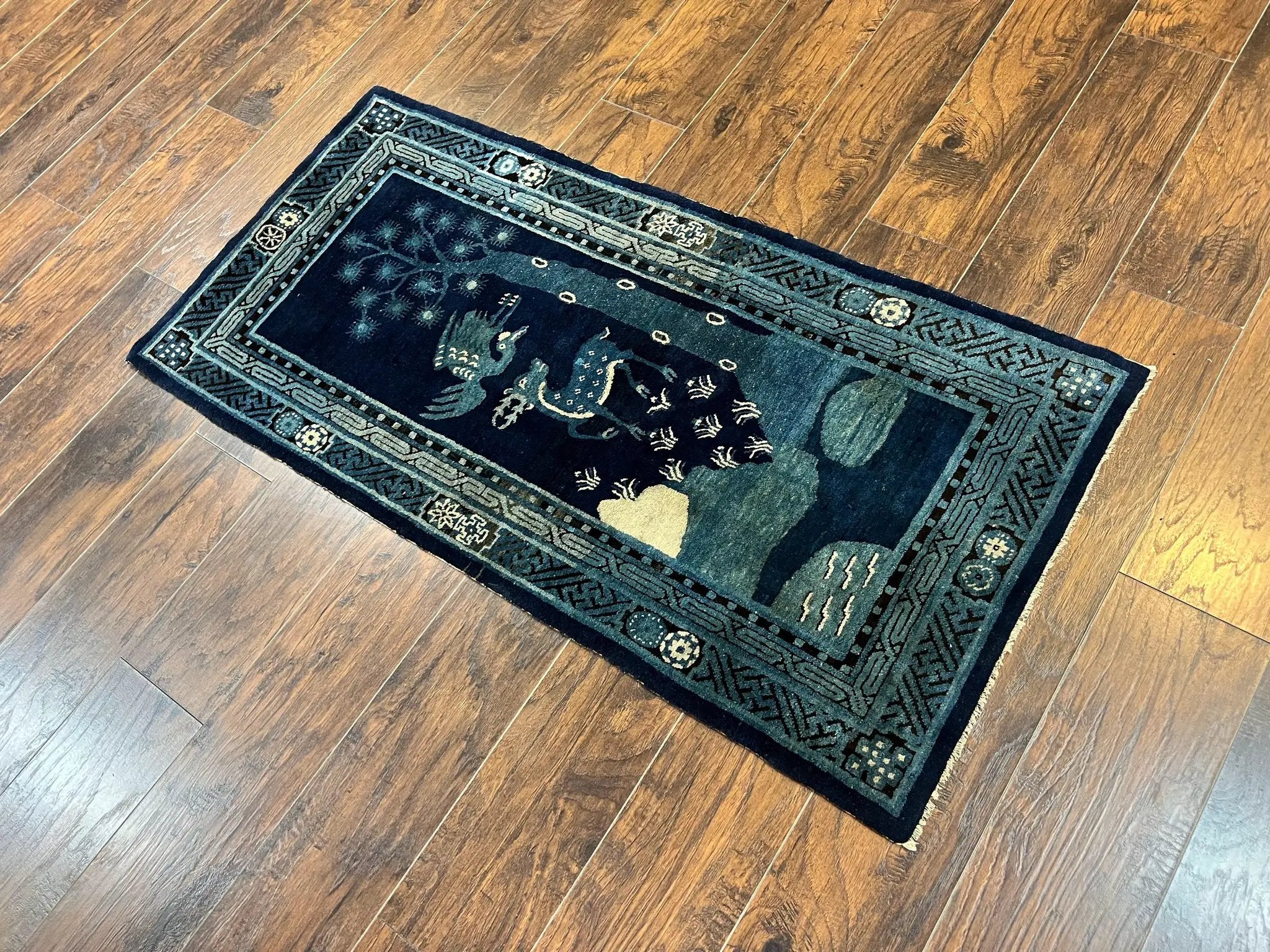 Antique Chinese Peking Rug 3x5, Dark Blue Chinese Wool Rug 3 x 5, Animal Pictorials Deer Birds, Handmade Asian Oriental Chinese Carpet by Jewel Rugs