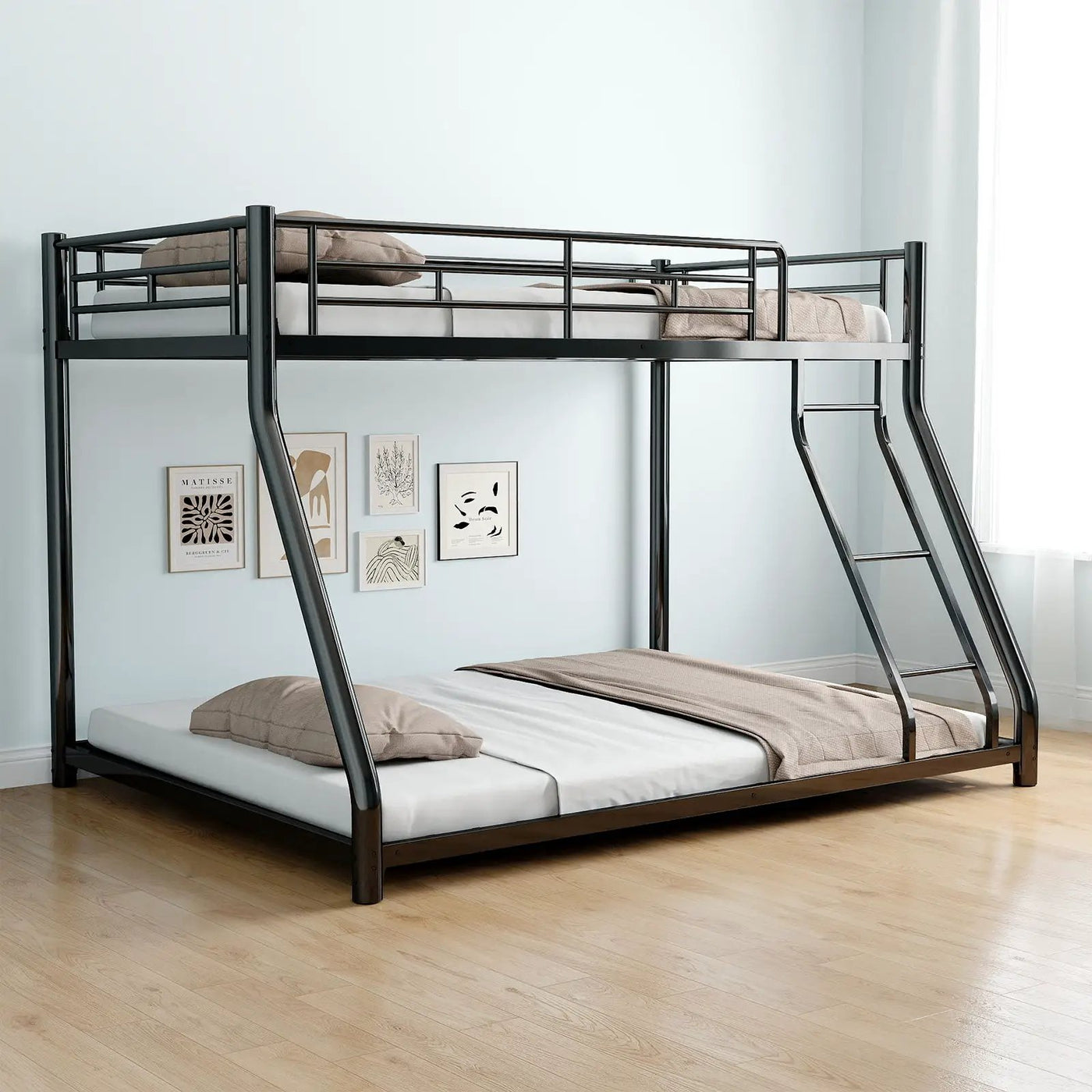 Bunk Bed Frame With Ladder And Guardrail, Heavy Duty Noise Free Design Metal Construction by HouseOfZazla