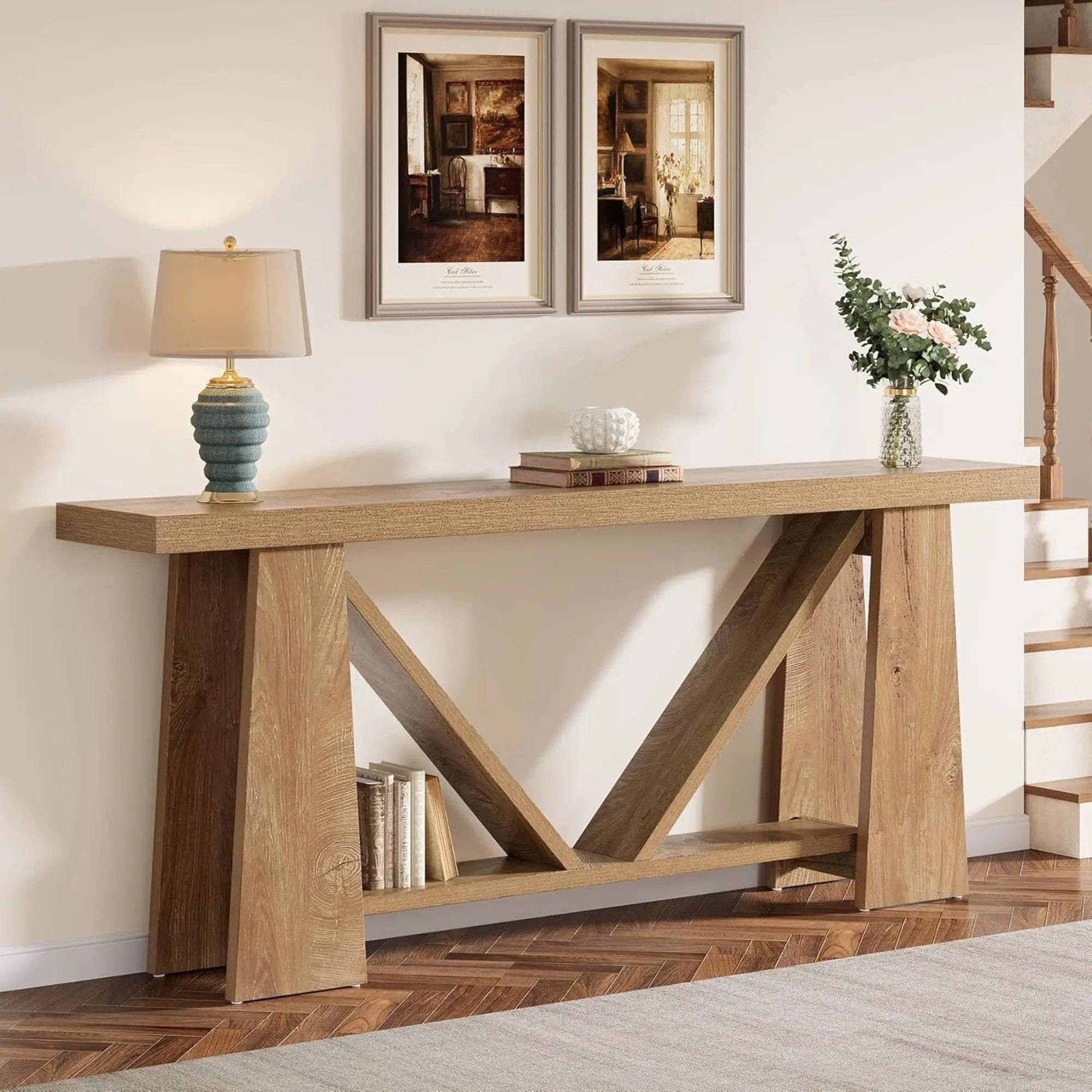 Slim 2 Tier Entryway Accent Extra Long Console Table For Living Room - Natural / Light Brown by HouseOfZazla