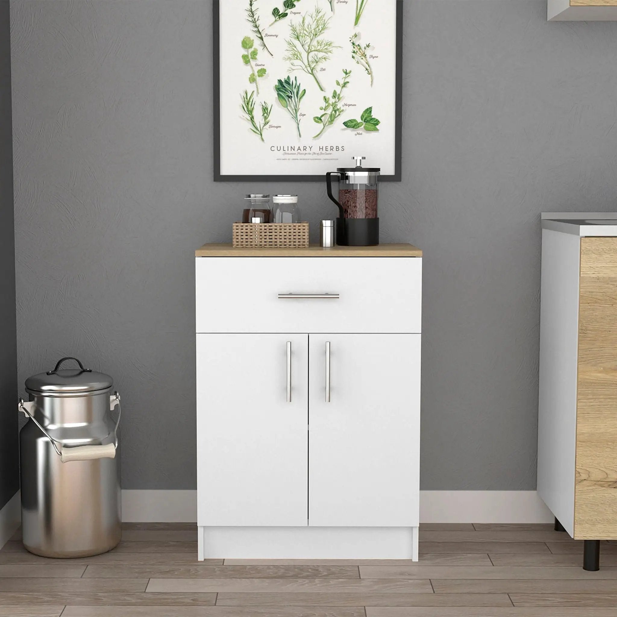 Pantry Organizer Cabinet One Drawer, Two Interior Shelves, Two Doors - White / Light Oak by HouseOfZazla