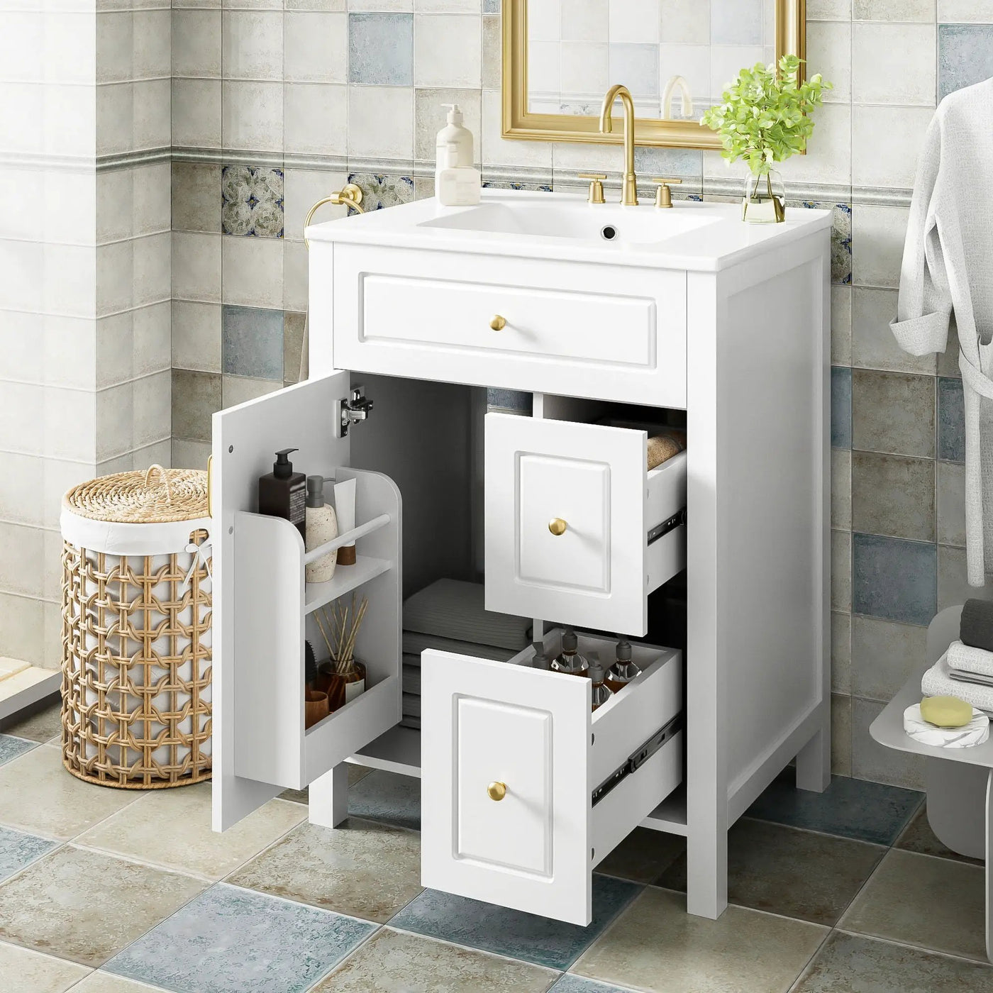 Elegant Bathroom Vanity With Ceramic Sink, Soft Close Doors And Drawers, Double Storage Racks by HouseOfZazla