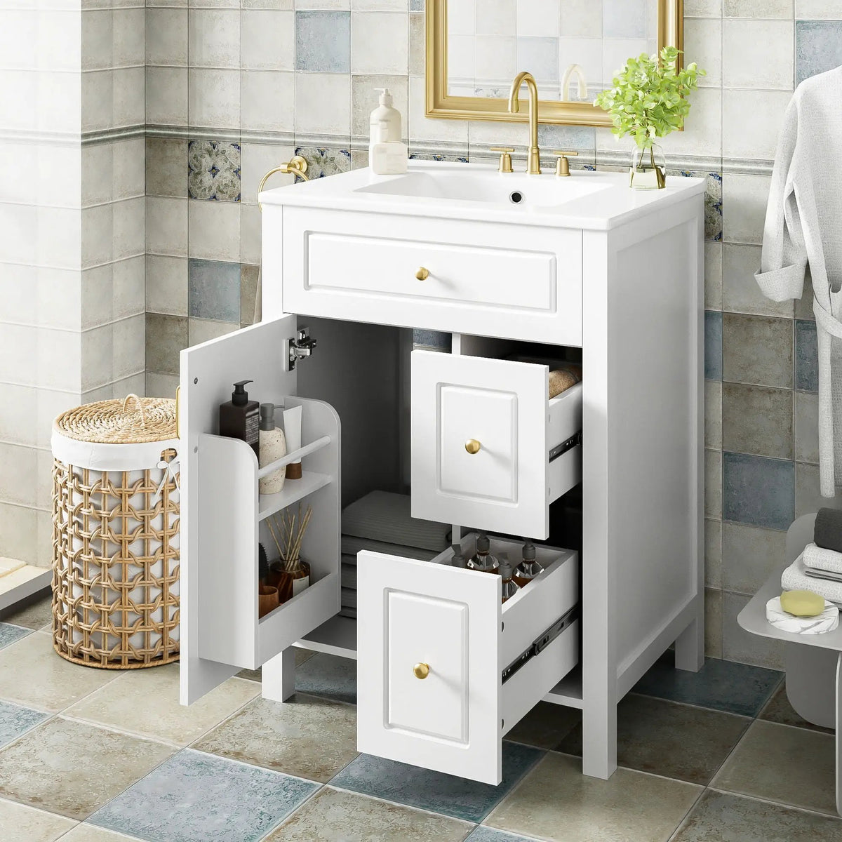 Elegant Bathroom Vanity With Ceramic Sink, Soft Close Doors And Drawers, Double Storage Racks, photo 15 of 20