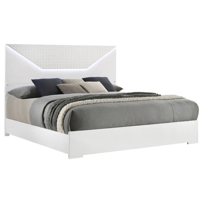 Ives Eastern King Panel Bed LED Headboard White High Gloss by Unique Piece Furniture