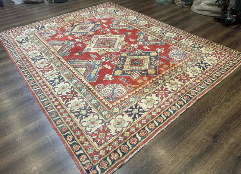 Turkish Kazak Rug 7.6 x 9.5, Geometric Medallions, Caucasian Pattern by Jewel Rugs