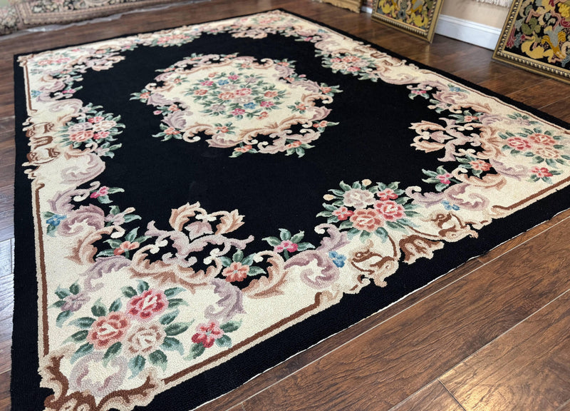 Aubusson Rug 8x11, Black and Ivory, Hooked Rug, Vintage, Wool by Jewel Rugs