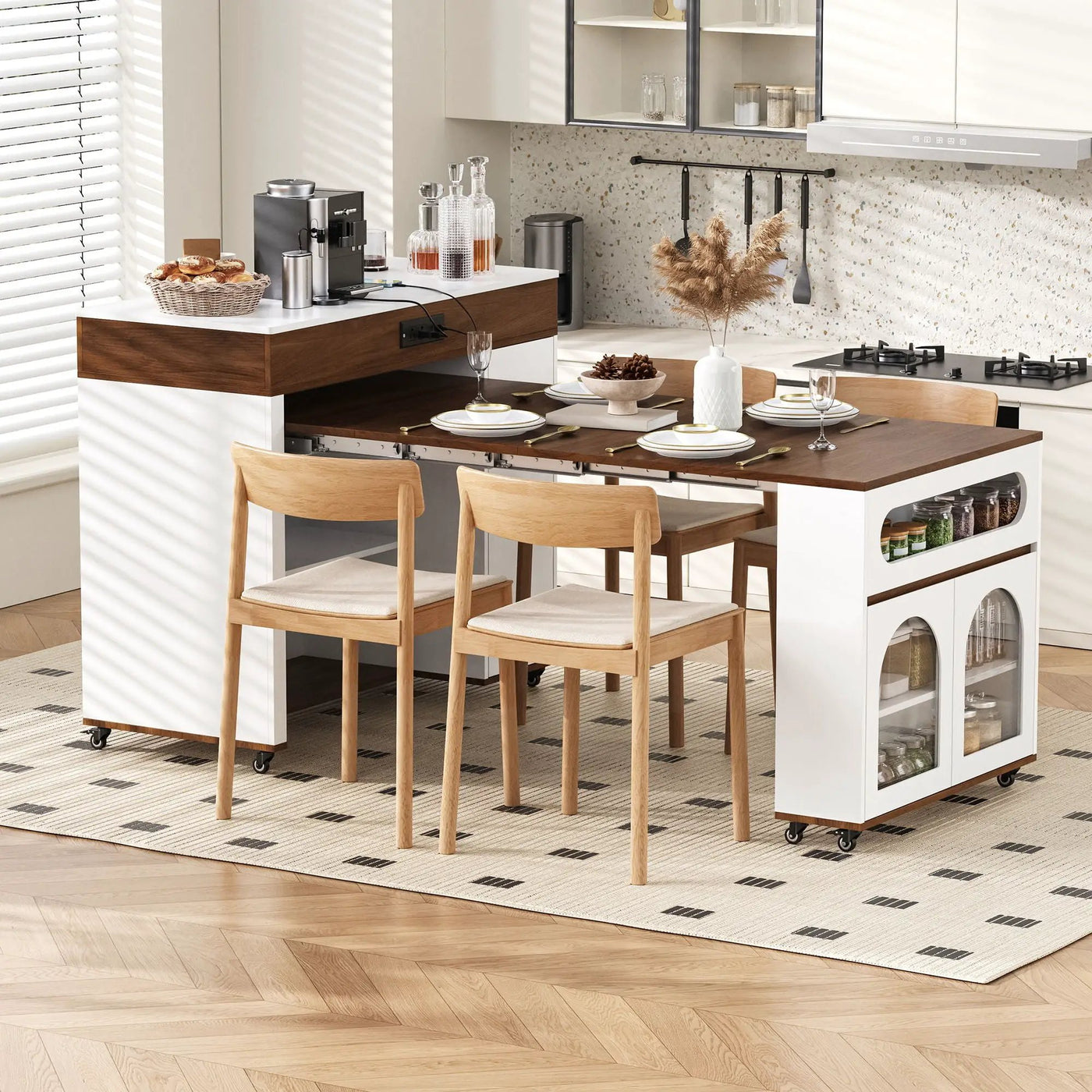 Extendable Dining Table With Folding Top, Rolling Kitchen Island With Drawers And Power Outlet by Unique Piece Furniture