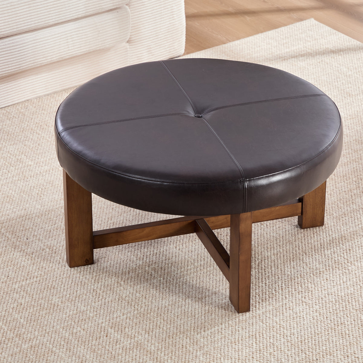 Round Leather Ottoman Coffee Table with Solid Wood Base, photo 3 of 10