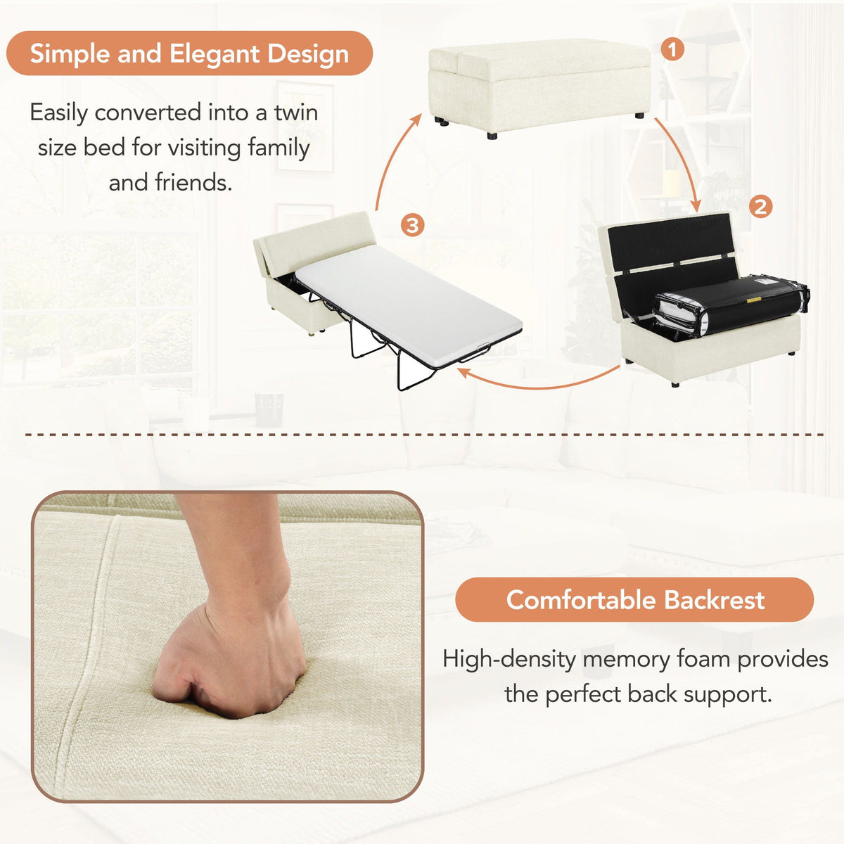 Twin Size Folding Ottoman Sleeper Bed With Mattress Convertible Guest Bed, photo 23 of 25