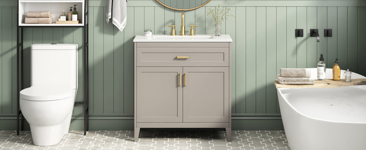 30" Bathroom Vanity with Ceramic Sink Top and Solid Wood Legs - Beige or Wood, photo 6 of 10