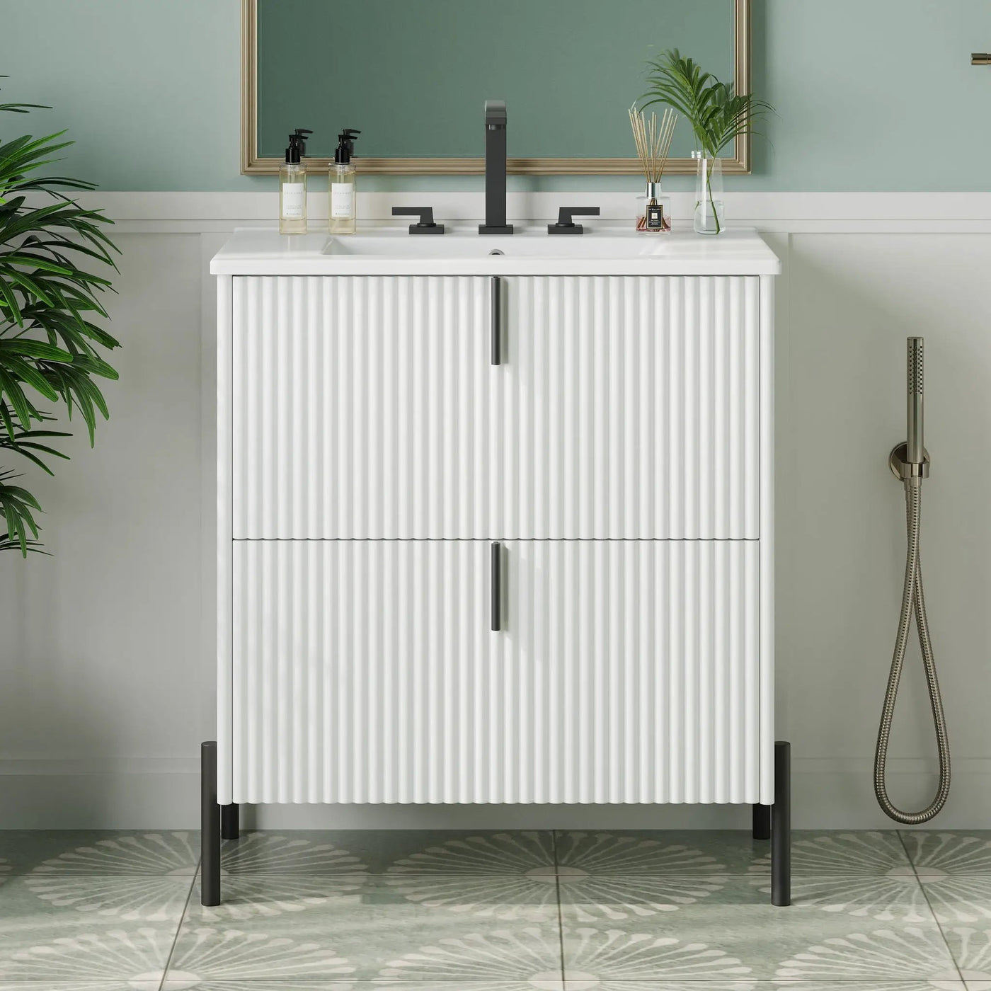 Fluted Bathroom Vanity With Ceramic Sink, Freestanding Design by HouseOfZazla