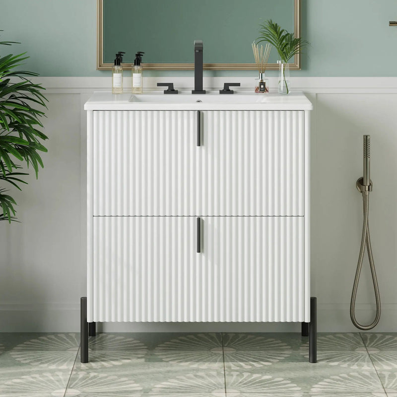 Fluted Bathroom Vanity With Ceramic Sink, Freestanding Design by HouseOfZazla