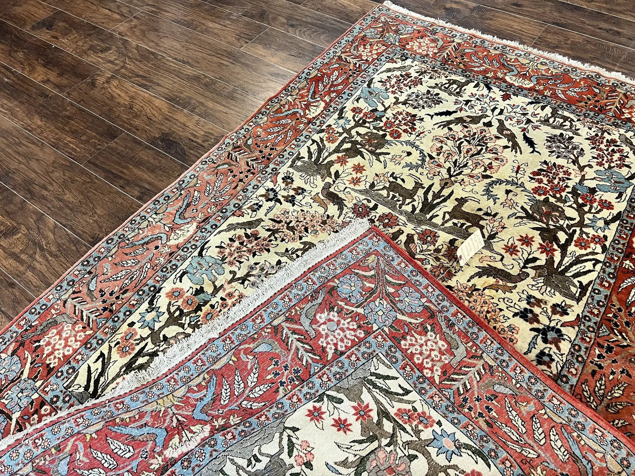 Persian Tree of Life 5x7, Qum Rug, Animal Motifs, Deer Birds, Fine 225 KPSI, Semi Antique Wool Rug, Cream Red by Jewel Rugs