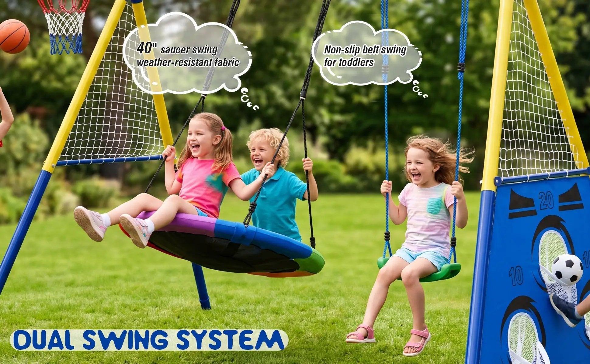 5-in-1 Kids Swing Set with Saucer Swing, Belt Swing, Basketball Hoop & Soccer Goal by HouseOfZazla