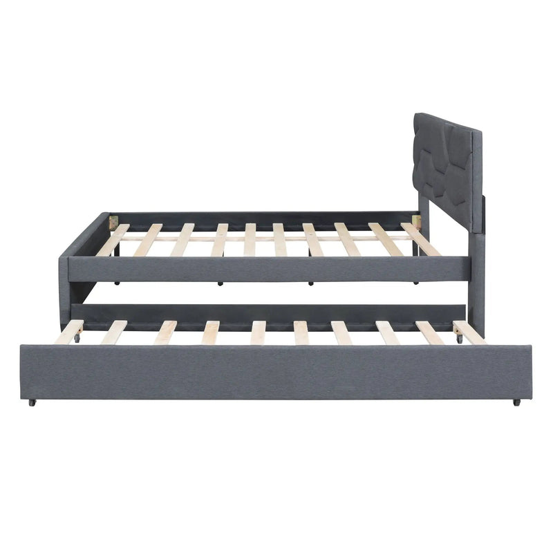 Upholstered Platform Bed With Brick Pattern Headboard And Twin Long Size Trundle by Unique Piece Furniture