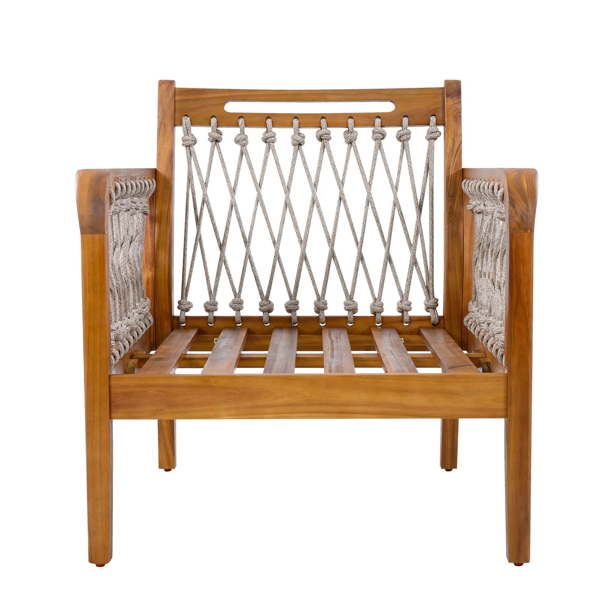 Outdoor Acacia Wood Club Chair with Handwoven Rope, Teak Finish by HouseOfZazla