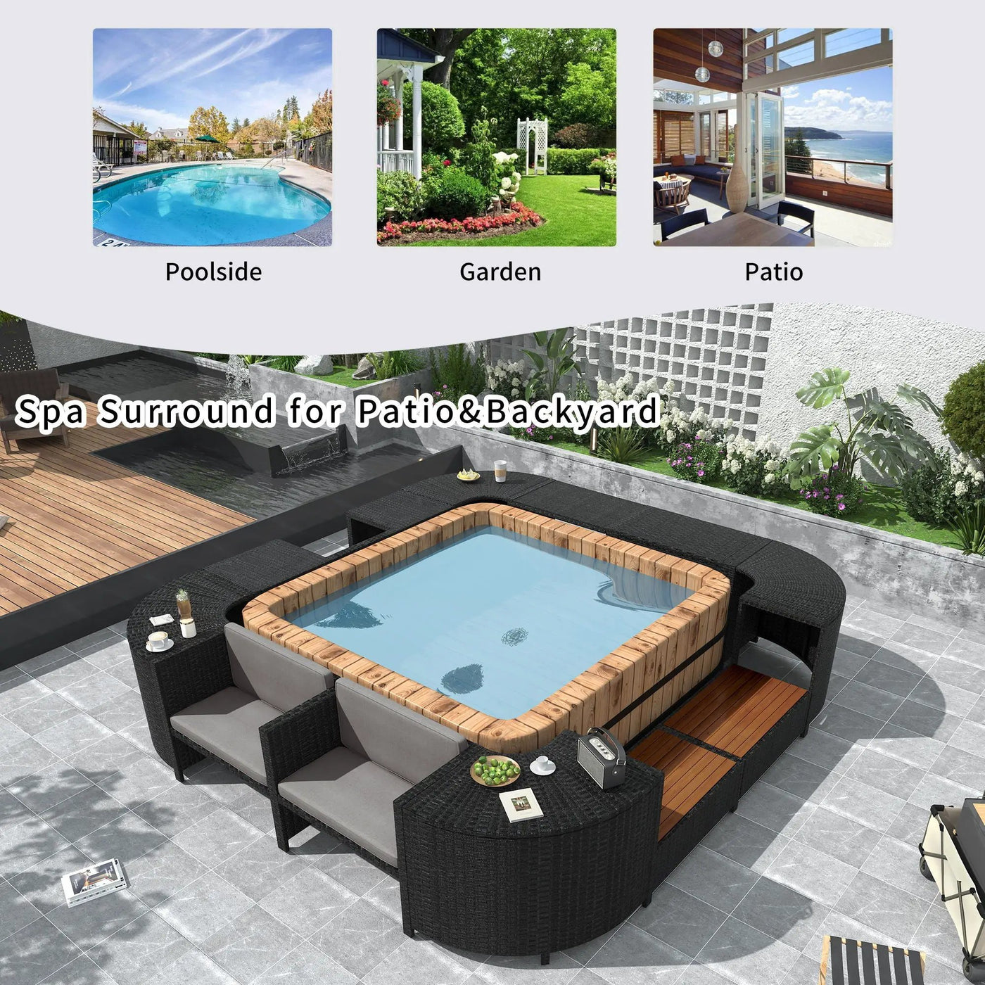 Spa Surround Spa Frame Quadrilateral Outdoor Rattan Sectional Sofa Set With Mini Sofa, Wooden Seats And Storage Spaces by Unique Piece Furniture