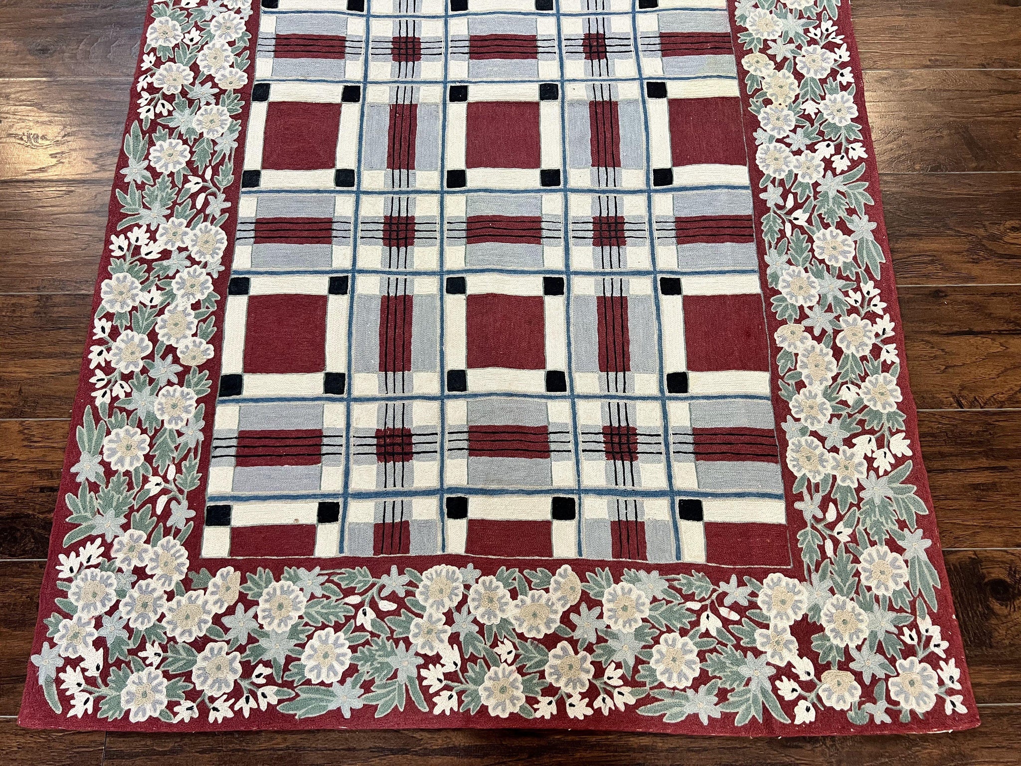 Indian Hand Stitched Rug 4x6, Vintage Carpet, Checkerboard Floral Pattern, Maroon Ivory, Flatweave, Wool by Jewel Rugs