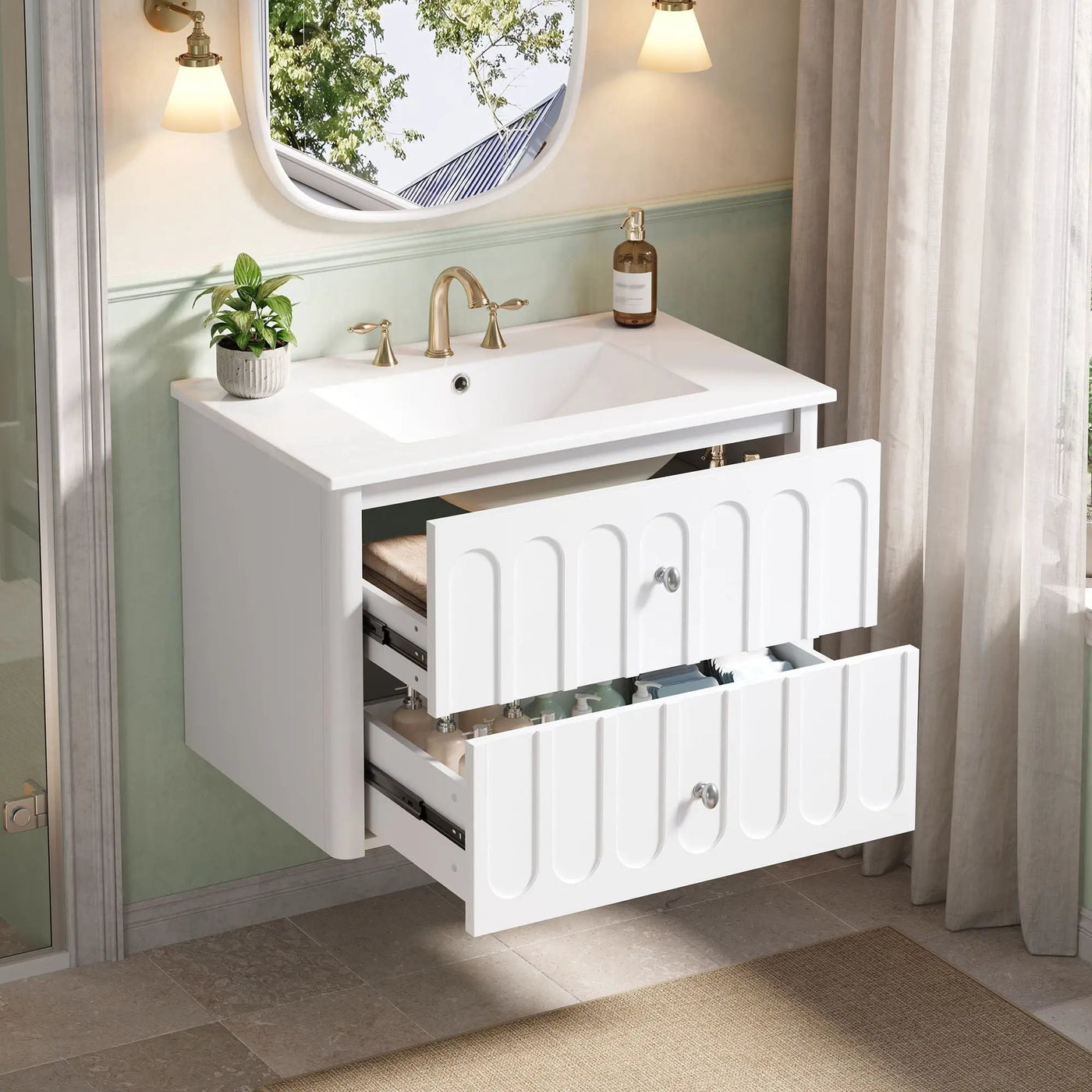 Floating Bathroom Vanity With Oval Knobs & Round Edge, Soft Close Drawer Slides by HouseOfZazla
