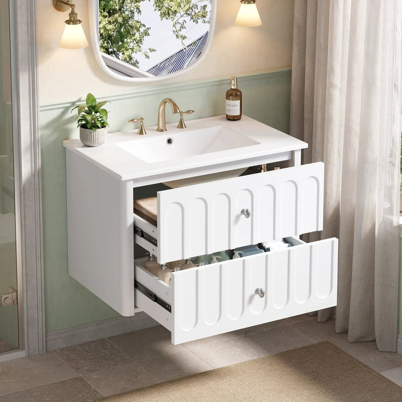 Floating Bathroom Vanity With Oval Knobs & Round Edge, Soft Close Drawer Slides by HouseOfZazla